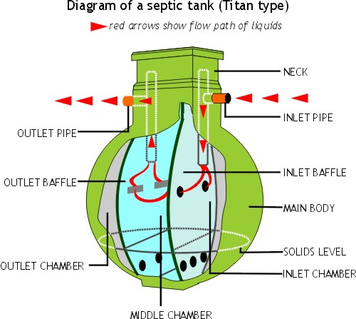 Diagram of a septic tank showing liquid flow through